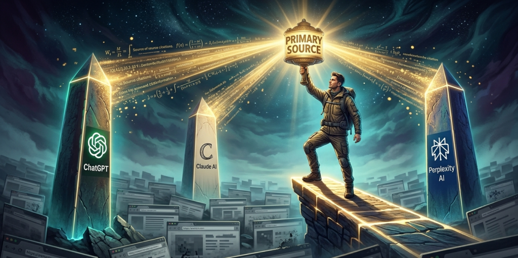 The Great Gaslighting: Why Google's "Just Do SEO" Advice is an Affiliate Death Sentence 5 A single affiliate marketer standing confidently on a rising platform above a crowd of fading generic websites below, holding a glowing beacon that reads "Primary Source" — with AI citation rays beaming upward from multiple AI platforms toward the beacon.