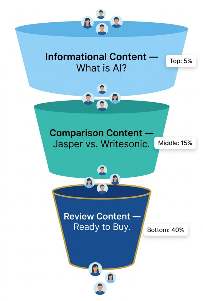 How I Monetize My Affiliate Blogs with AI Products (2026 Guide) 3 A vertical marketing funnel diagram in flat illustration style with three distinct sections. Top: "Informational Content — What is AI?" Middle: "Comparison Content — Jasper vs. Writesonic." Bottom: "Review Content — Ready to Buy." Small human silhouette icons flow downward through the funnel.