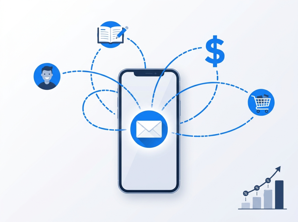 How I Monetize My Affiliate Blogs with AI Products (2026 Guide) 4 A modern flat illustration showing a smartphone with an email inbox icon at the center, surrounded by floating connection lines linking to small icons representing: a blog post, a dollar sign, a person silhouette (subscriber), and a shopping cart.