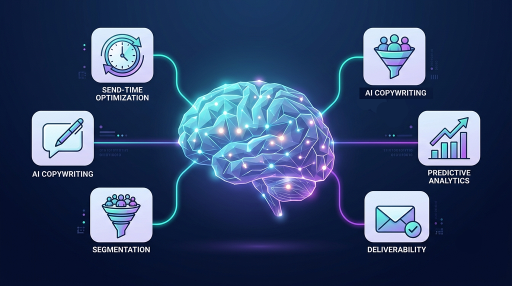An illustration of an AI brain at the center connected by glowing lines to five surrounding icons: a clock (send-time optimization), a speech bubble with a pen (AI copywriting), a funnel with people icons (segmentation), a bar chart with a rising arrow (predictive analytics), and an envelope with a checkmark (deliverability). Each icon sits inside a soft rounded card. 