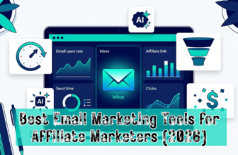 A clean, modern digital workspace flat-lay illustration showing a laptop screen displaying an email campaign dashboard with open rate graphs, a glowing inbox icon, and affiliate link analytics.
