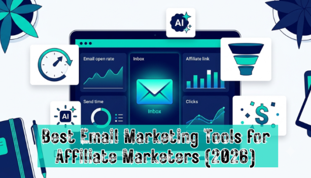 A clean, modern digital workspace flat-lay illustration showing a laptop screen displaying an email campaign dashboard with open rate graphs, a glowing inbox icon, and affiliate link analytics.