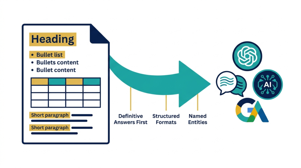 How I Monetize My Affiliate Blogs with AI Products (2026 Guide) 6 A flat-design diagram showing a blog post on the left (represented as a clean document icon with structured sections: heading, bullets, table, short paragraphs highlighted in gold).
