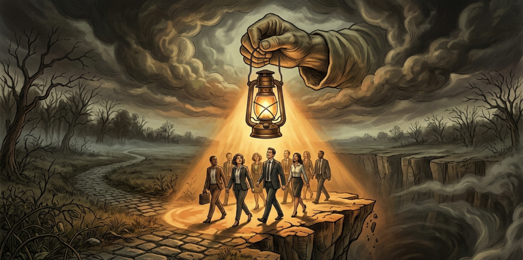 The Great Gaslighting: Why Google's "Just Do SEO" Advice is an Affiliate Death Sentence 2 A large hand — representing Google — holding a gaslight lamp in front of a group of small figures representing affiliate marketers, casting distorted shadows that make the marketers appear to be walking confidently forward while actually heading toward a cliff edge.