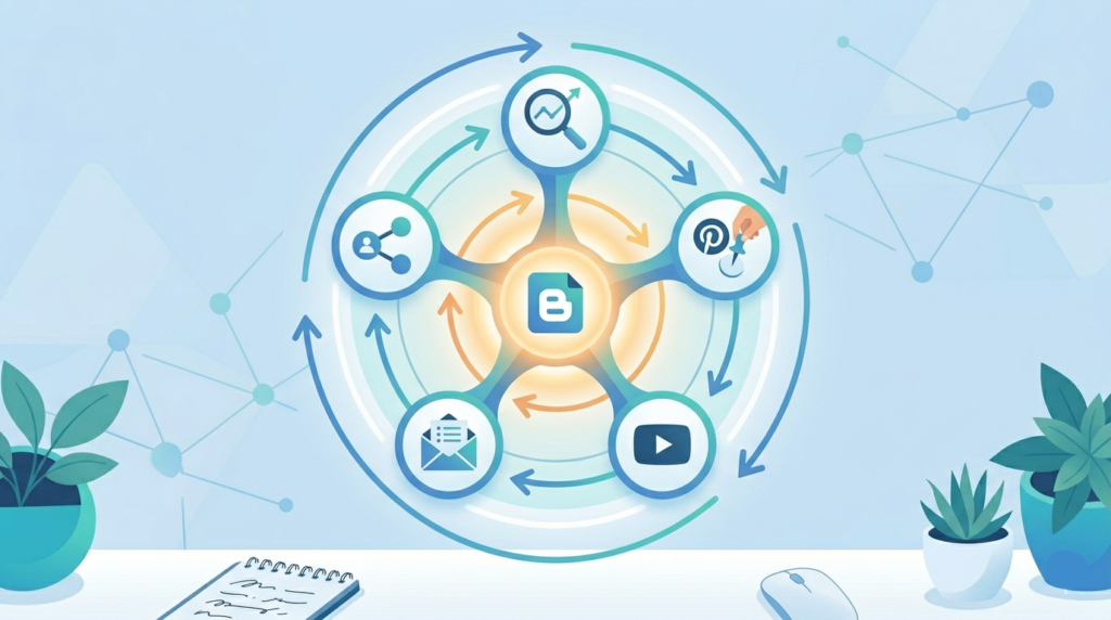 A circular flywheel diagram with a central blog icon. Five spokes radiate outward to five channel icons: a search magnifier (SEO), a Pinterest-style pin, a YouTube play button, an email envelope, and a social media share icon. Arrows loop around the wheel showing momentum and compounding growth. Glowing center to convey energy.