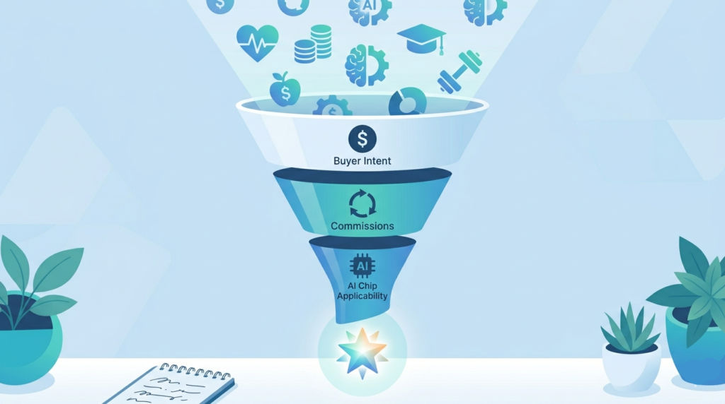 A wide funnel illustration showing the many niche icons, the three filter layers inside the funnel are labeled with small dollar sign (buyer intent), a recurring cycle arrow (commissions), and an AI chip (AI-applicability). At the bottom, a single glowing star niche emerges.