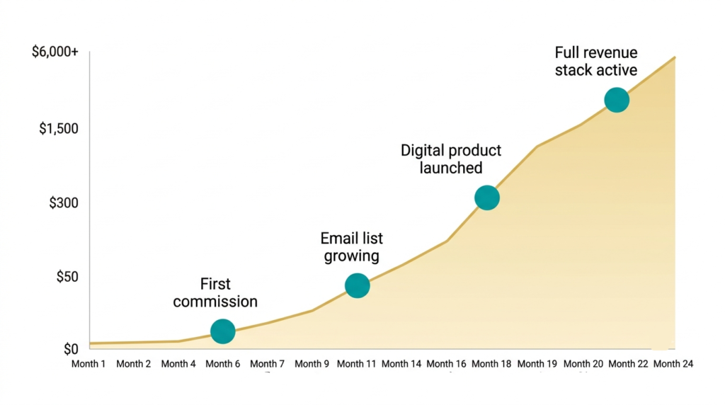 How I Monetize My Affiliate Blogs with AI Products (2026 Guide) 5 A clean, minimal line chart illustration on a white background showing a gradual income growth curve over 24 months.