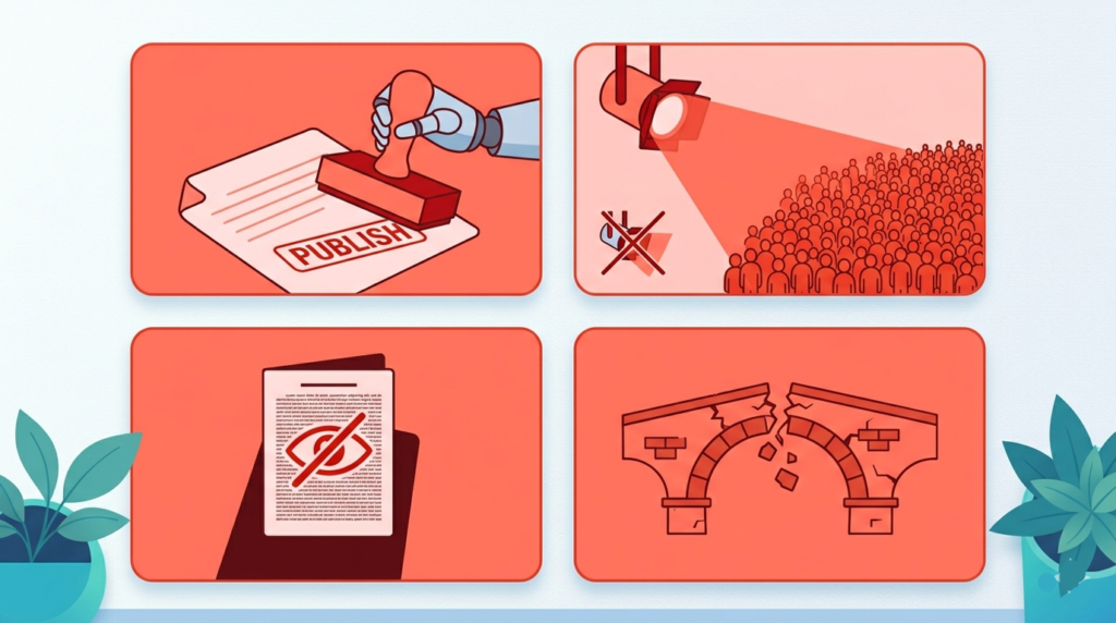A flat illustration showing four pitfall icons arranged in a 2x2 grid, each inside a soft red warning card. Icon 1: a robot stamping "publish" with no human review. Icon 2: a wide unfocused spotlight on a massive crowd (too broad a niche). Icon 3: a hidden fine-print document with a crossed-out eye. Icon 4: a single crumbling bridge (single traffic source).