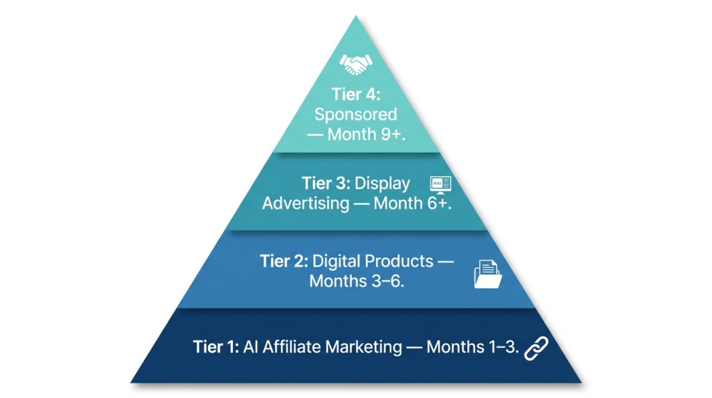 How I Monetize My Affiliate Blogs with AI Products (2026 Guide) 2 A clean infographic-style pyramid divided into 4 horizontal tiers, each a different shade from deep blue (bottom) to light teal (top).