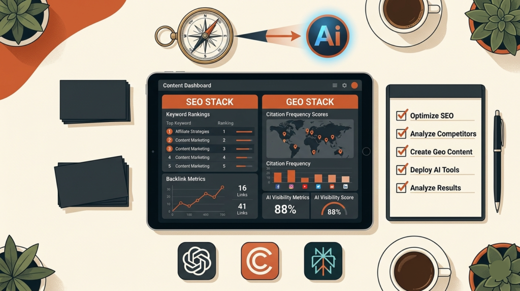 A top-down flat-lay illustration of an affiliate marketer's strategic workspace.