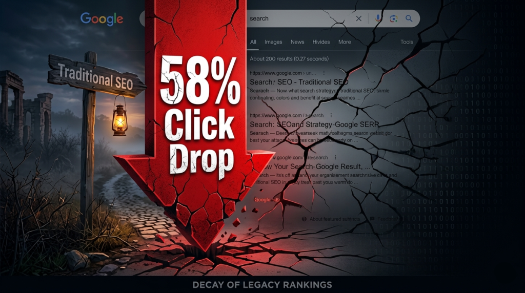 The Great Gaslighting: Why Google's "Just Do SEO" Advice is an Affiliate Death Sentence 1 A large red downward arrow with the text '58% Click Drop' in bold typography, set against a cracked and fading Google search results page background.