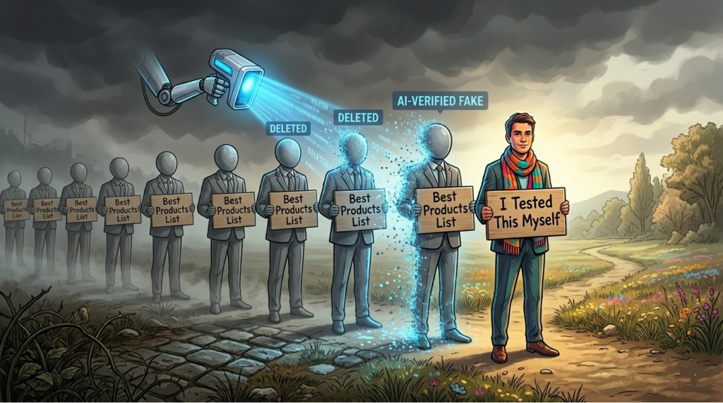 The Great Gaslighting: Why Google's "Just Do SEO" Advice is an Affiliate Death Sentence 3 A visual of multiple identical faceless figures standing in a line, each holding the same generic "Best Products" sign, while an AI system represented as a glowing scanner moves down the line dismissing each one — until it reaches one unique figure holding a sign that says "I Tested This Myself.