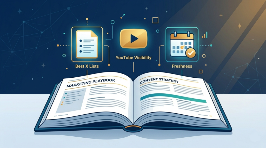 The Great Gaslighting: Why Google's "Just Do SEO" Advice is an Affiliate Death Sentence 4 A modern, energetic flat-design visual of an open playbook with three glowing icons emerging from its pages — a "Best X" listicle document, a YouTube play button, and a calendar with a checkmark — representing the three pillars of the new GEO affiliate strategy.