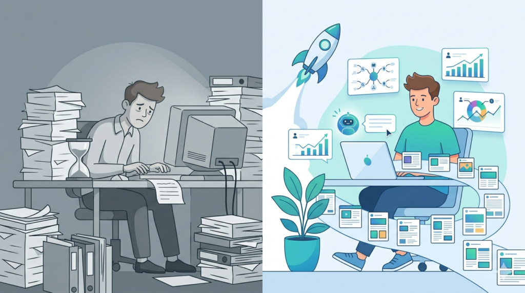 A comparison of tired person surrounded by towering stacks of paper, a slow hourglass, and a single desktop computer and the same person relaxed, surrounded by glowing AI tool icons, a rocket ship launching upward, and multiple content pieces being produced automatically.