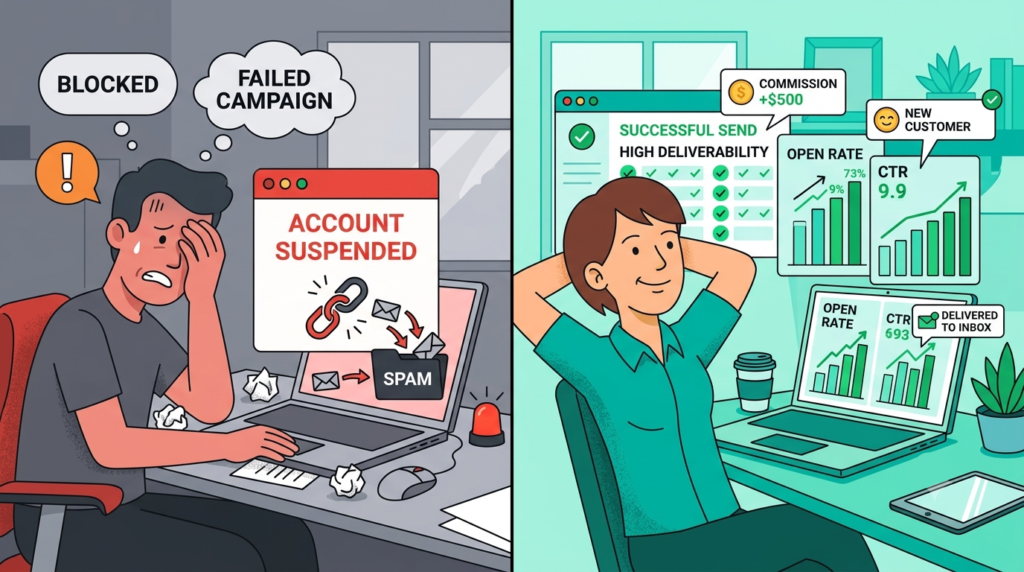 A clean, modern digital workspace flat-lay illustration showing a laptop screen displaying an email campaign dashboard with open rate graphs, a glowing inbox icon, and affiliate link analytics.