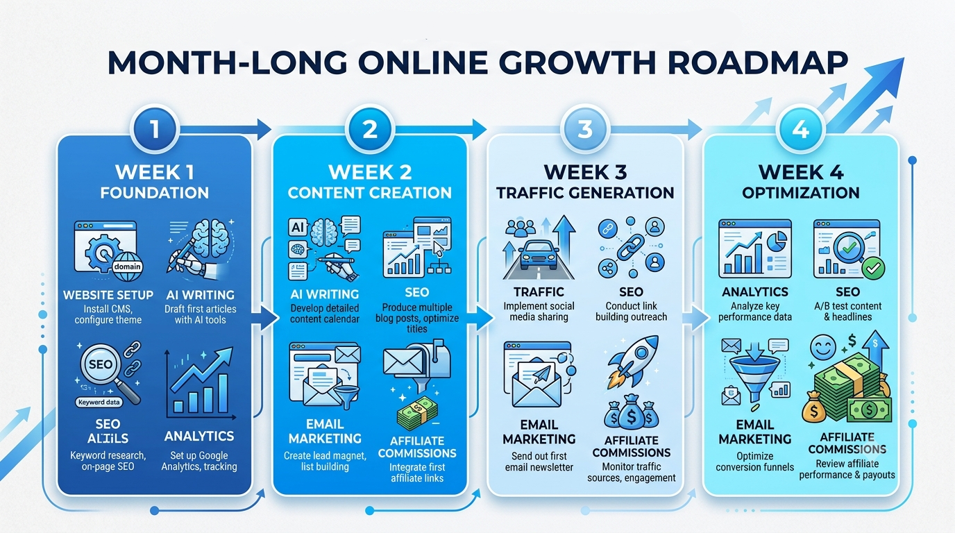 A beautiful roadmap infographic divided into four weekly milestones. Week 1 Foundation, Week 2 Content Creation, Week 3 Traffic Generation, Week 4 Optimization.