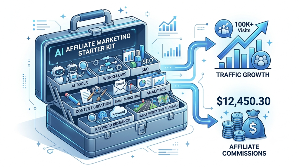 A clean infographic-style illustration showing an AI Affiliate Marketing Starter Kit as a central toolbox.