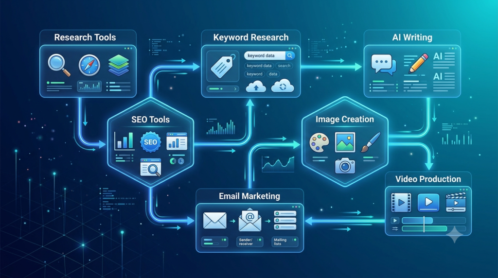 Beautiful dashboard-style illustration displaying seven connected categories: Research Tools, SEO Tools, Keyword Research, AI Writing, Image Creation, Video Production, and Email Marketing.