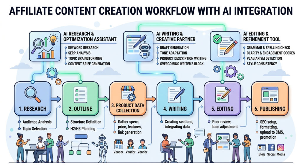 Claude vs ChatGPT vs Gemini for Affiliate Content Creation: Honest Comparison (2026) 3 Visual workflow diagram showing affiliate content creation process: Research → Outline → Product Data Collection → Writing → Editing → Publishing.