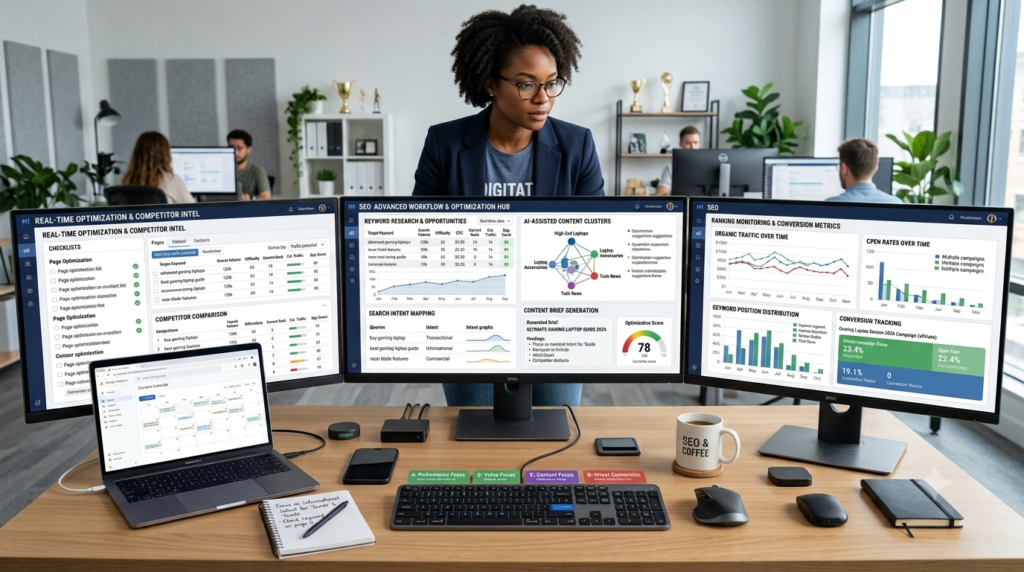 Claude vs ChatGPT vs Gemini for Affiliate Content Creation: Honest Comparison (2026) 8 Advanced SEO dashboard displaying keyword research, content clusters, search intent mapping, ranking opportunities, content briefs, and optimization metrics.