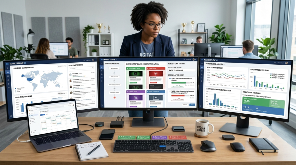 Claude vs ChatGPT vs Gemini for Affiliate Content Creation: Honest Comparison (2026) 7 Digital marketer creating email campaigns with multiple email drafts, subject line testing dashboard, performance analytics, and conversion tracking visible on screens.