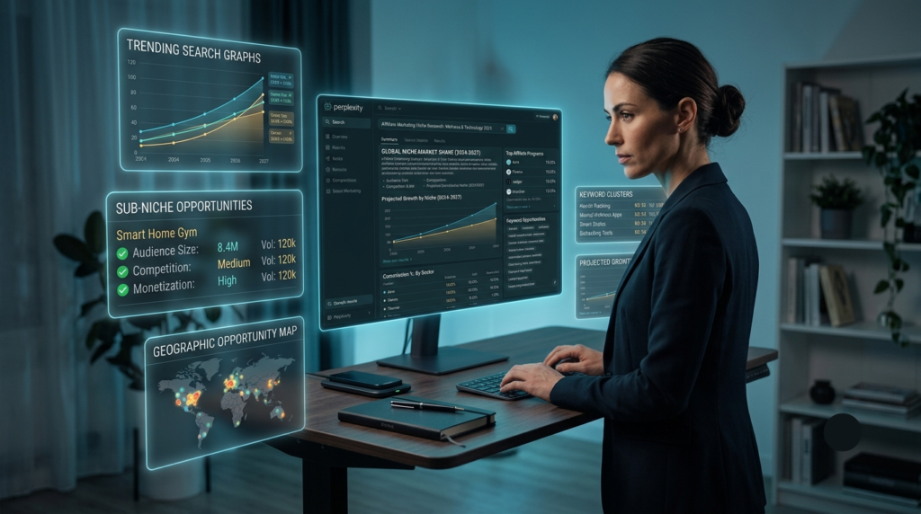 A focused entrepreneur at a minimal standing desk, viewed from a 45-degree angle, studying multiple floating data panels around them. 