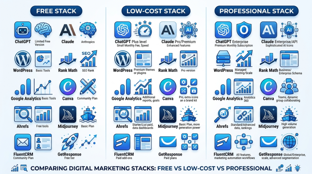 Modern comparison infographic showing three vertical columns labeled Free Stack, Low-Cost Stack, and Professional Stack.