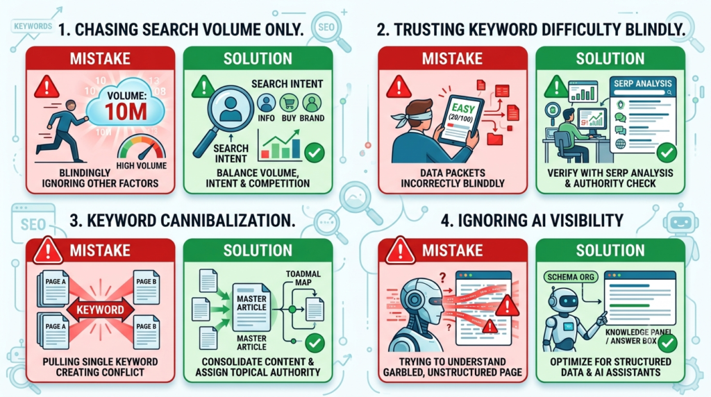 How I Evaluate Affiliate Keywords Before Writing a Single Word (2026) 7 A modern infographic featuring four warning cards arranged in a grid. Each card illustrates one mistake: chasing search volume only, trusting keyword difficulty blindly, keyword cannibalization, and ignoring AI visibility.