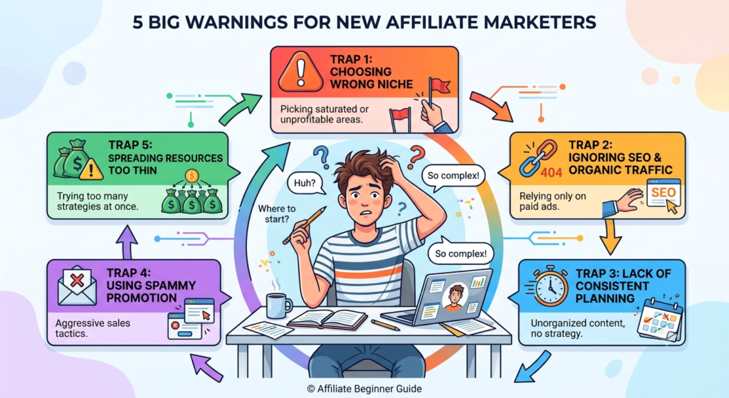 Flat infographic featuring five warning cards connected around a confused beginner marketer.