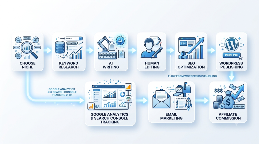 A polished workflow diagram illustrating the complete AI affiliate marketing pipeline.