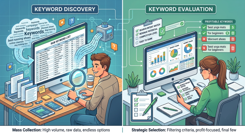 How I Evaluate Affiliate Keywords Before Writing a Single Word (2026) 1 A split-screen illustration comparing "Keyword Discovery" versus "Keyword Evaluation."