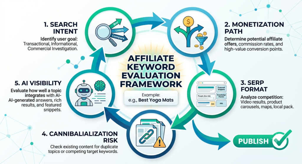 How I Evaluate Affiliate Keywords Before Writing a Single Word (2026) 2 An elegant infographic showing a circular five-step affiliate keyword evaluation framework. Five connected segments labeled: Search Intent, Monetization Path, SERP Format, Cannibalization Risk, and AI Visibility.