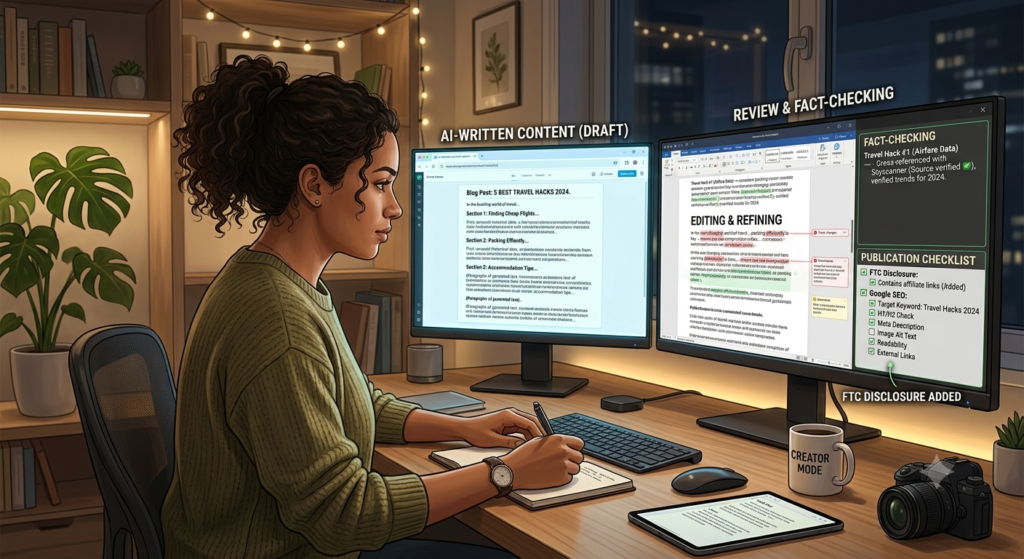 A realistic illustration of a content creator reviewing AI-generated content before publishing.