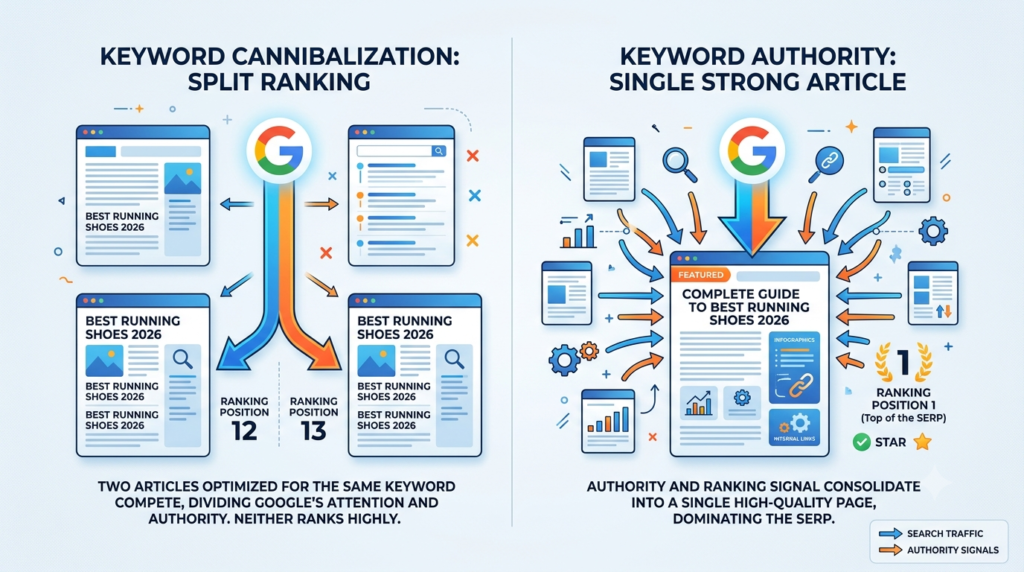 How I Evaluate Affiliate Keywords Before Writing a Single Word (2026) 5 A flat illustration showing two nearly identical blog pages competing against each other for the same keyword while Google's ranking arrows become split between them.