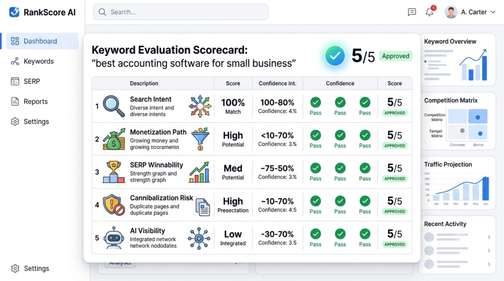 How I Evaluate Affiliate Keywords Before Writing a Single Word (2026) 6 A professional dashboard interface showing a keyword evaluation scorecard with five rows: Search Intent, Monetization Path, SERP Winnability, Cannibalization Risk, and AI Visibility.