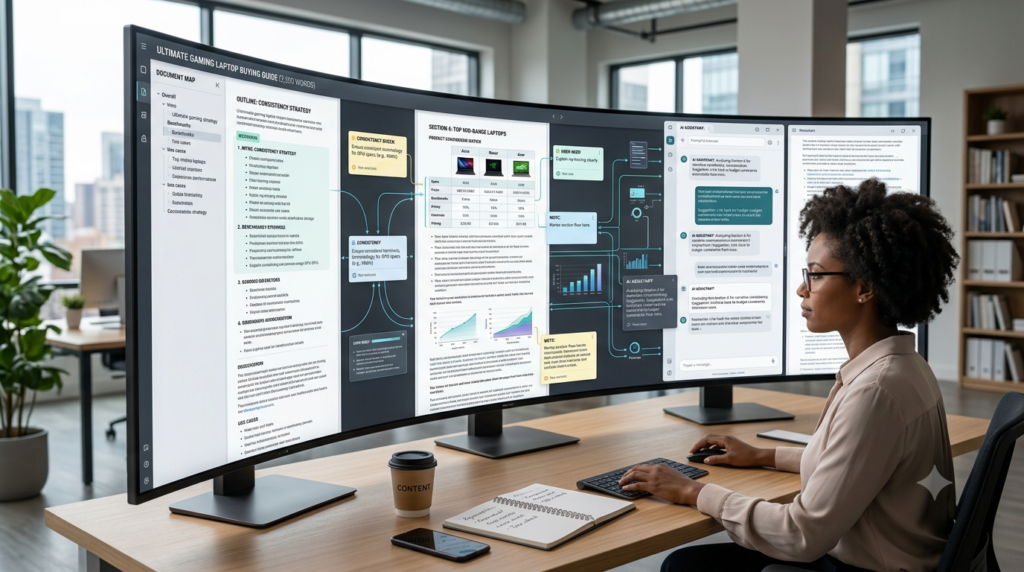 Claude vs ChatGPT vs Gemini for Affiliate Content Creation: Honest Comparison (2026) 6 Massive digital document stretching across multiple connected screens representing a 2,500-word buying guide.