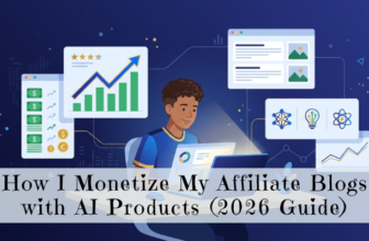A modern, clean flat-design illustration of a person sitting at a minimal desk with a glowing laptop, surrounded by floating UI cards showing "$" commission icons, AI tool logos (abstract, non-branded), upward-trending graphs, and blog content windows.