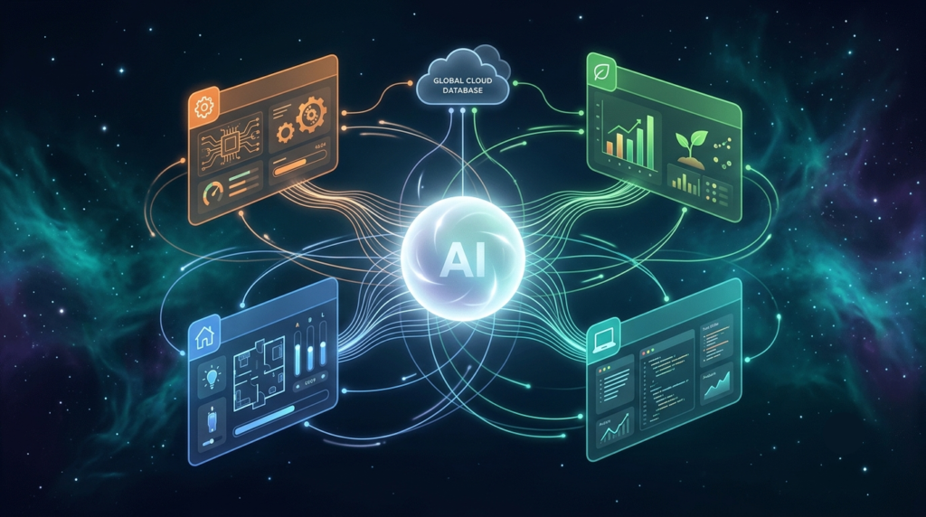 An abstract visualization of a persistent AI research workspace. 