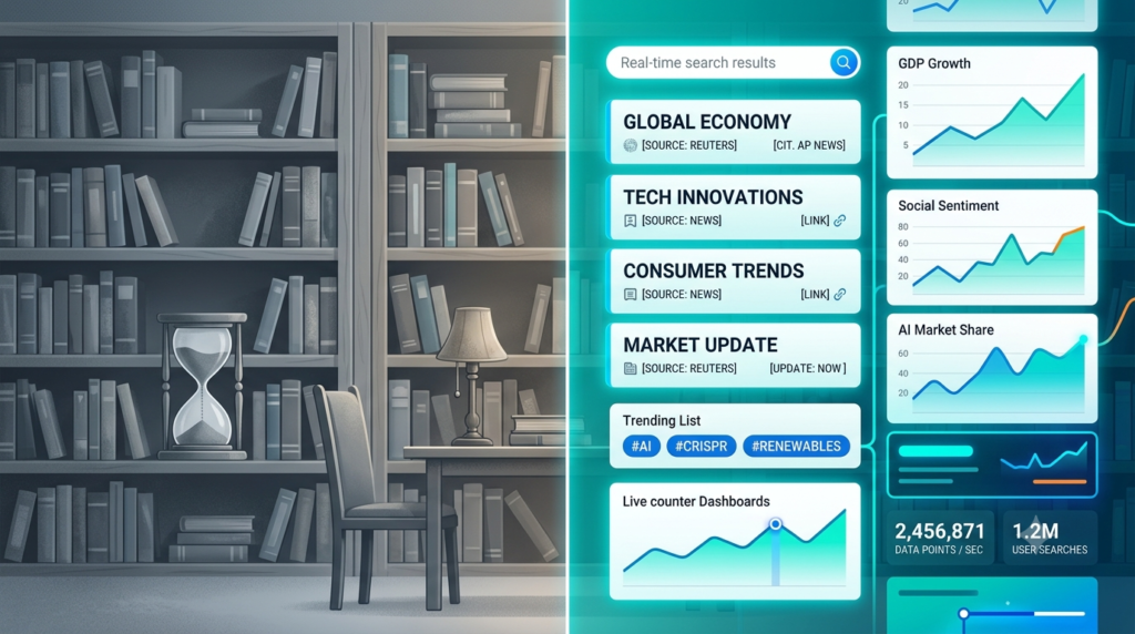 A split-screen concept illustration. Left side shows a static library with dusty shelves and an hourglass — representing outdated training data. Right side shows a dynamic live data feed with glowing real-time search results, citation tags, and trending graphs