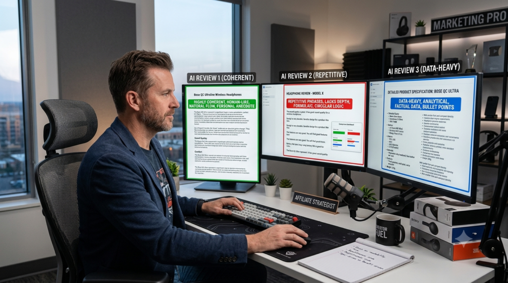 Claude vs ChatGPT vs Gemini for Affiliate Content Creation: Honest Comparison (2026) 4 Affiliate marketer comparing three AI-generated product reviews on multiple computer screens.