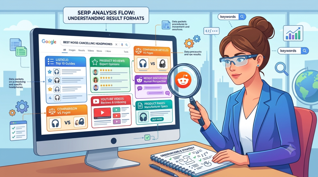 How I Evaluate Affiliate Keywords Before Writing a Single Word (2026) 4 A marketer analyzing the SERP using a magnifying glass while taking notes.