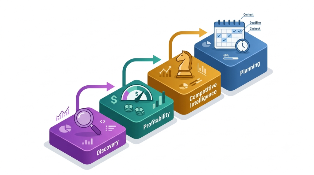 A clean, isometric illustration of four interconnected platforms arranged in a staircase progression. 