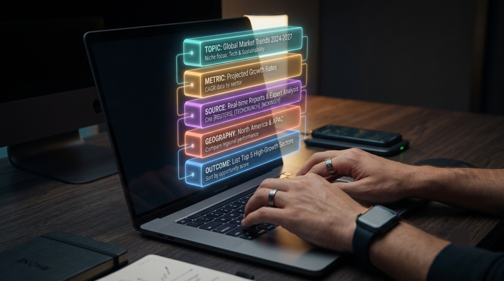A close-up of hands typing on a sleek keyboard, with a holographic prompt structure floating above the screen. 