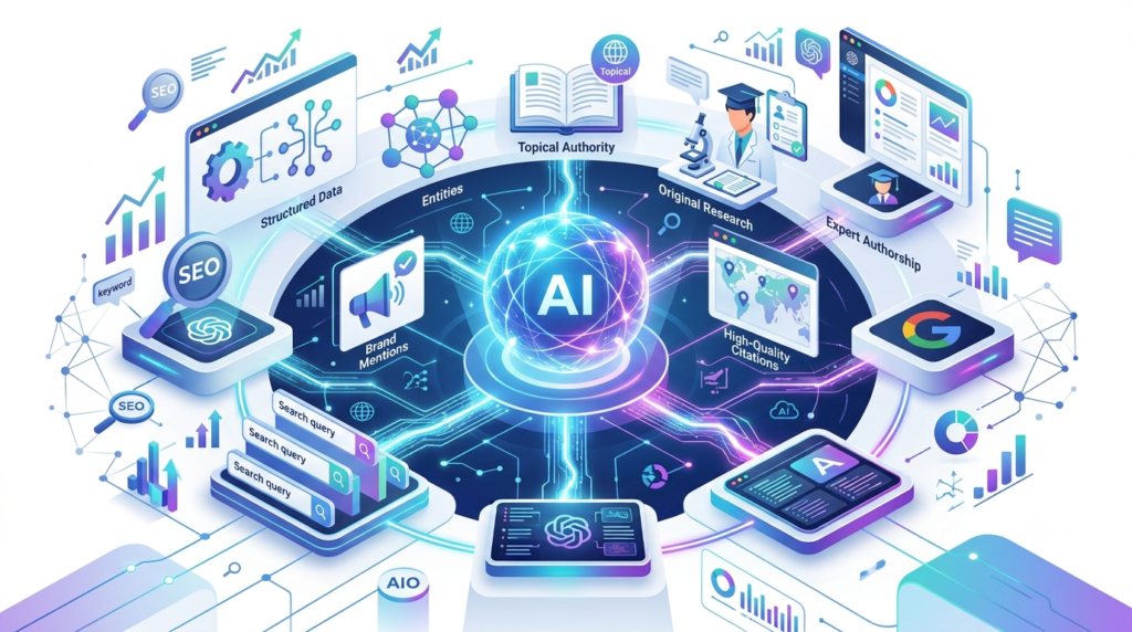 An educational conceptual illustration showing AI Visibility as the result of multiple SEO signals rather than a single ranking factor.