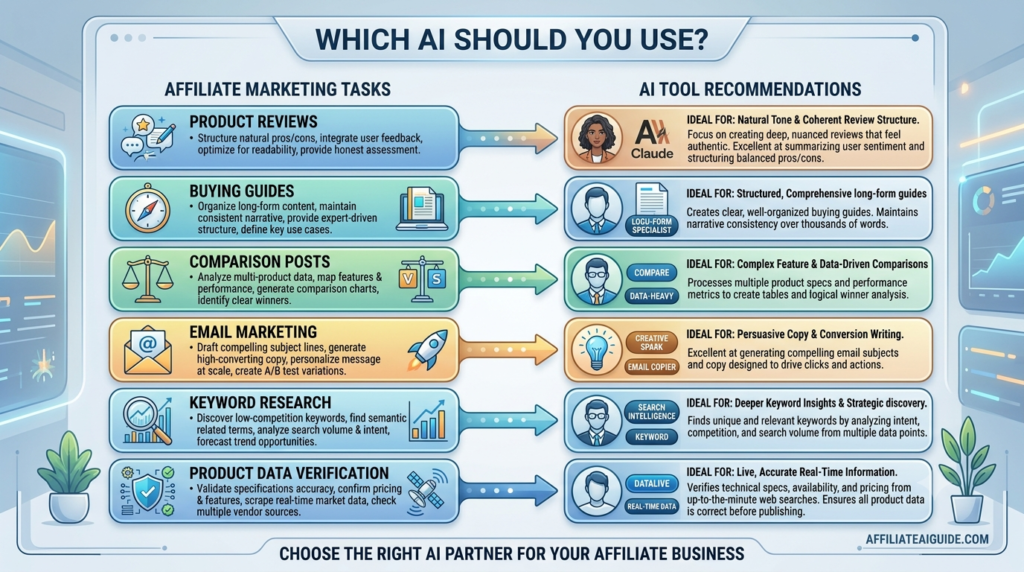 Claude vs ChatGPT vs Gemini for Affiliate Content Creation: Honest Comparison (2026) 9 Clean decision matrix infographic titled "Which AI Should You Use?" showing affiliate marketing tasks on one side and AI tool recommendations on the other.