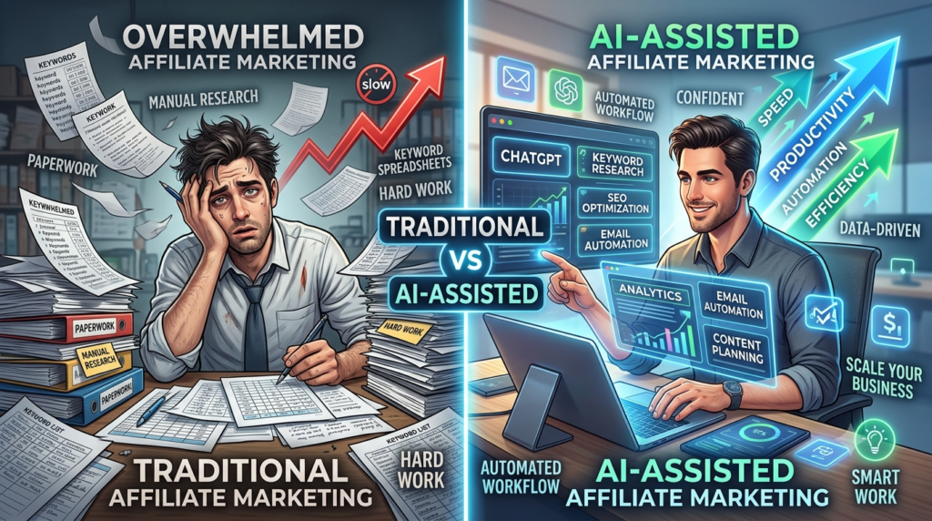 Split-screen illustration comparing traditional affiliate marketing versus AI-assisted affiliate marketing.