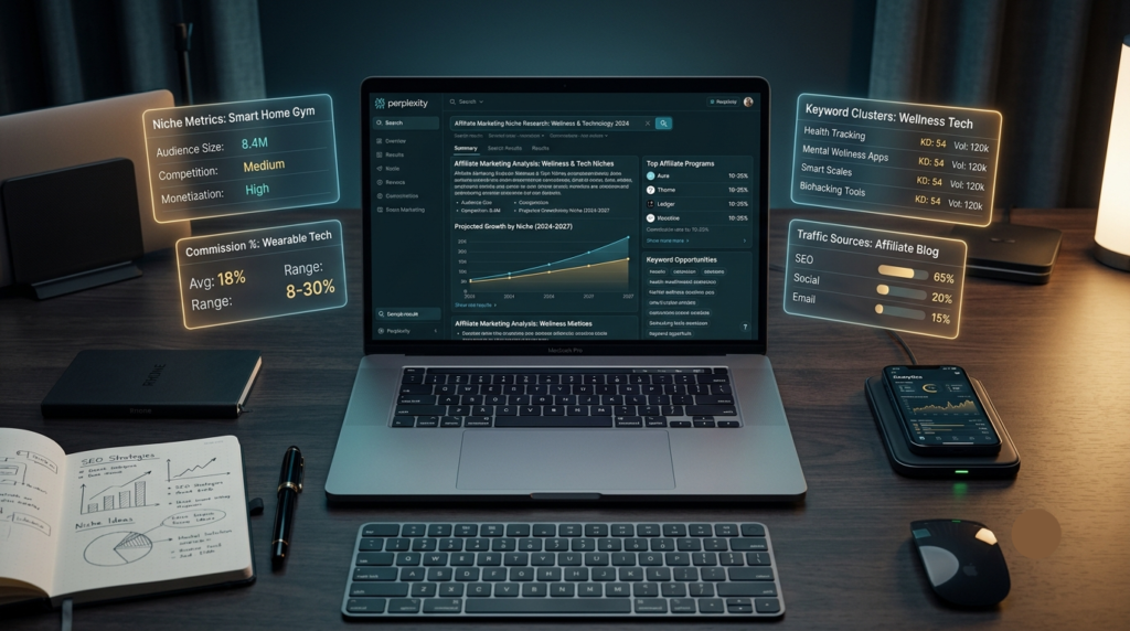  A glowing laptop screen displays a Perplexity AI search interface with affiliate marketing research data, surrounded by floating translucent cards showing niche research metrics, commission percentages, and keyword clusters.