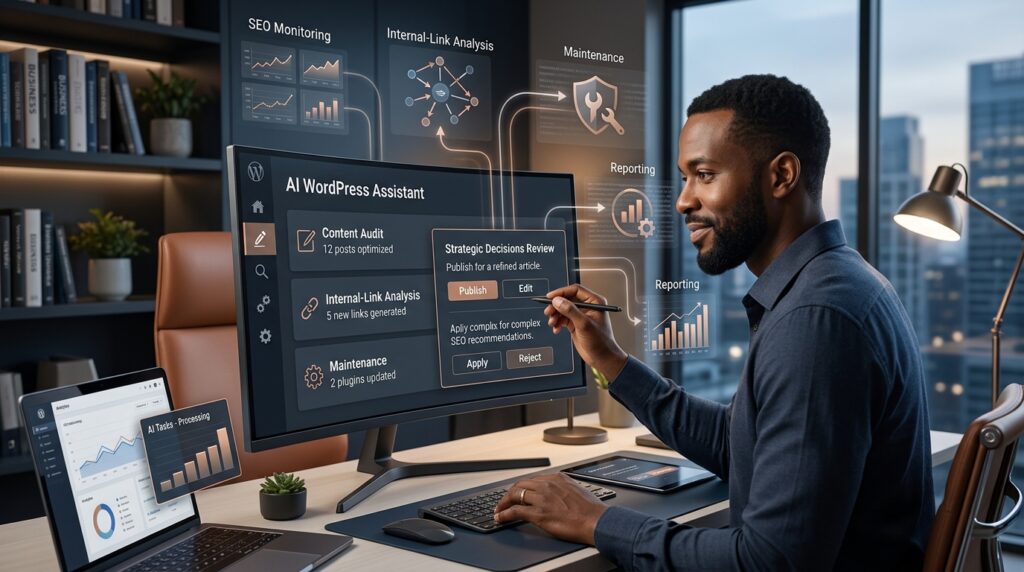 Can AI Really Run a WordPress Site? My Foenix.ai Experiment 10 A powerful editorial image representing the future of AI-assisted WordPress management.
