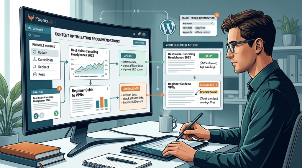 Can AI Really Run a WordPress Site? My Foenix.ai Experiment 6 A sophisticated editorial illustration showing an AI WordPress agent presenting content recommendations to a human website owner.