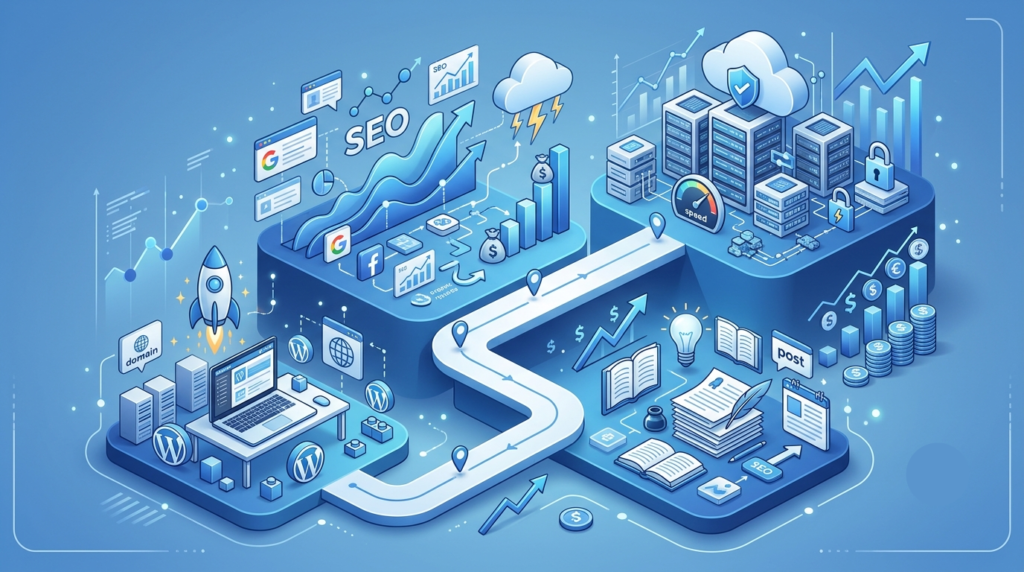 A visual roadmap illustrating the growth journey of an affiliate blog. Show four stages connected by an upward pathway